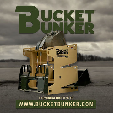 Construction PRO rack loaded with buckets and pallet forks beneath the Bucket Bunker wordmark.