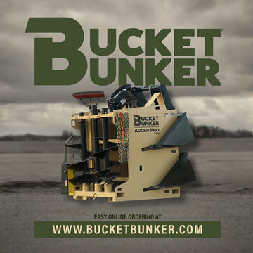 Loaded Auger PRO rack outdoors beneath the Bucket Bunker wordmark.