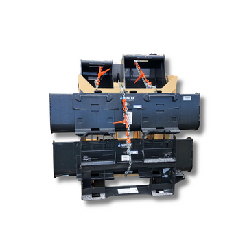 Front view of the Construction PRO rack loaded with secured buckets and pallet fork attachments.