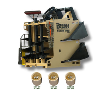 Auger PRO rack with a diagram showing three 4.5-inch dirt-bit pockets.