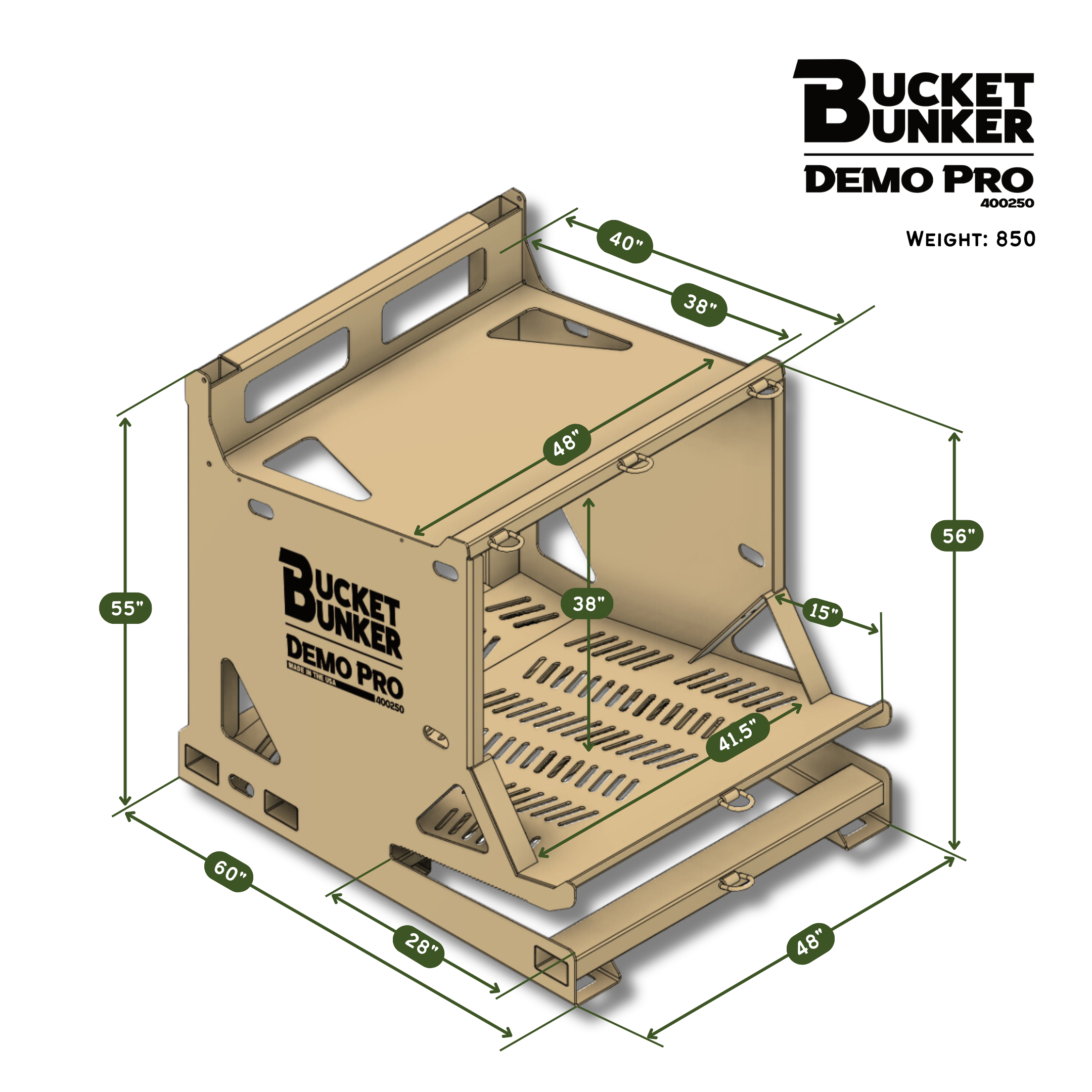 Demo PRO™ Attachment Rack technical dimensions and storage layout.